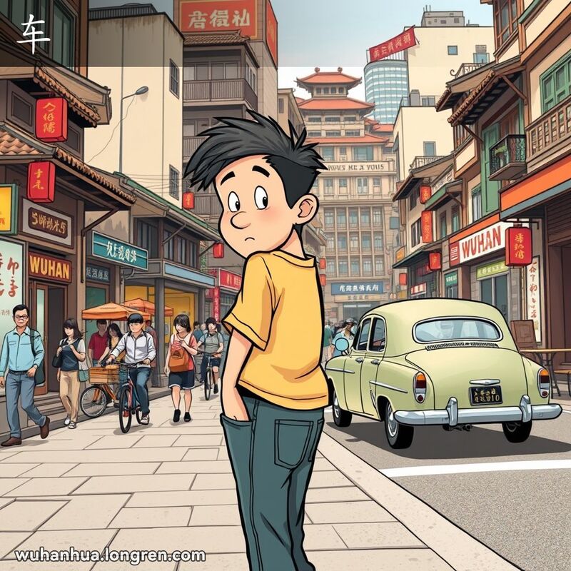 一位武汉市民在街道上转身回头看，背景是武汉的街景和复古汽车