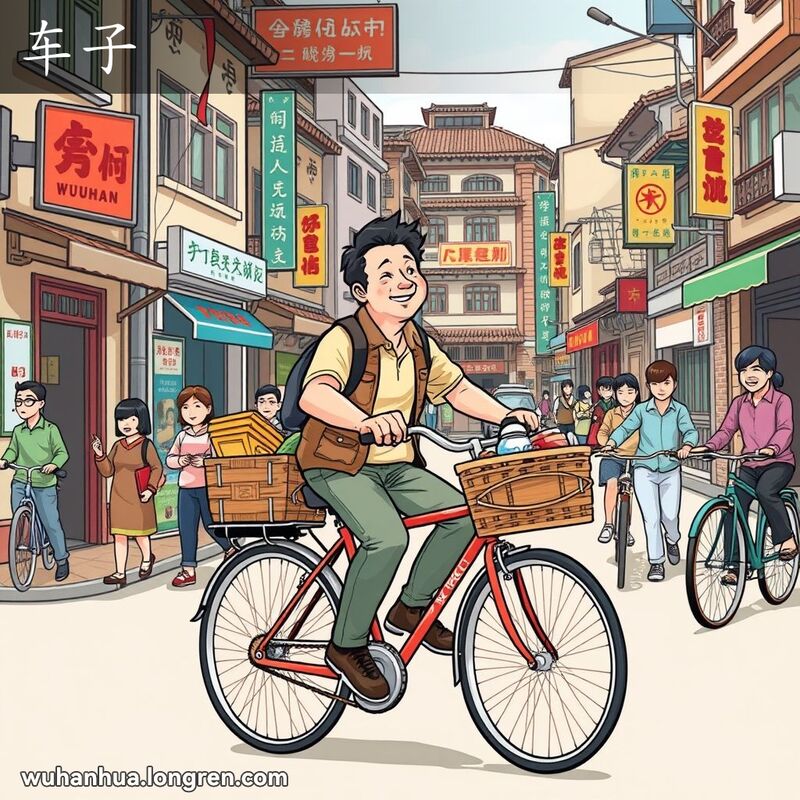 一位武汉市民骑着自行车上班，背景是武汉老街景，画面充满生活气息。