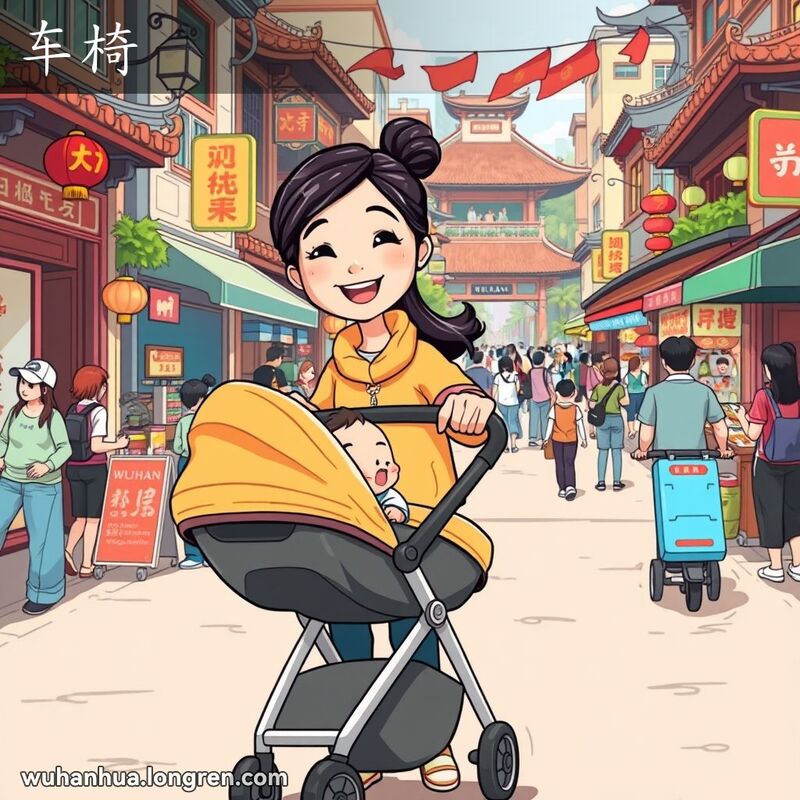 一位武汉母亲推着婴儿车在街上散步，背景是繁忙的武汉街景