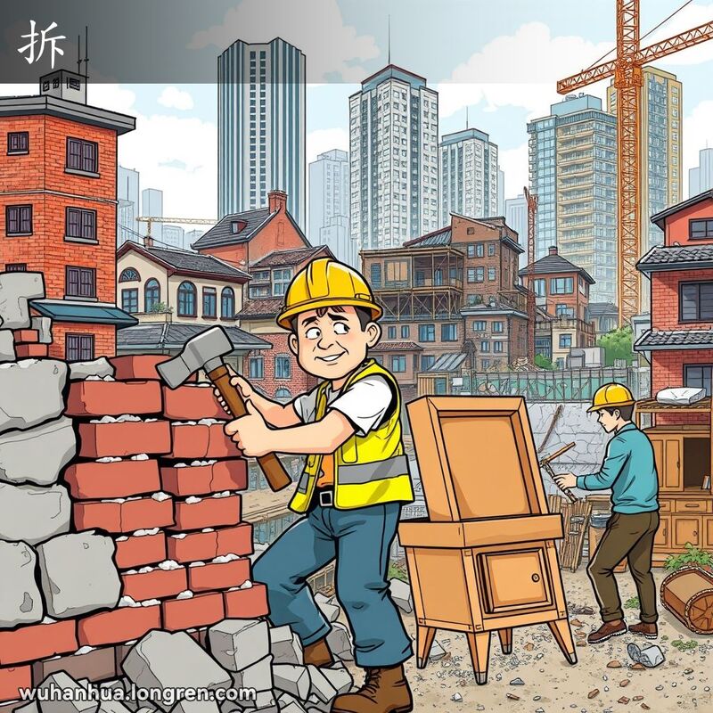 武汉建筑工地上，工人们正在拆除老墙和家具，背景是老砖房和高楼大厦的混合景象