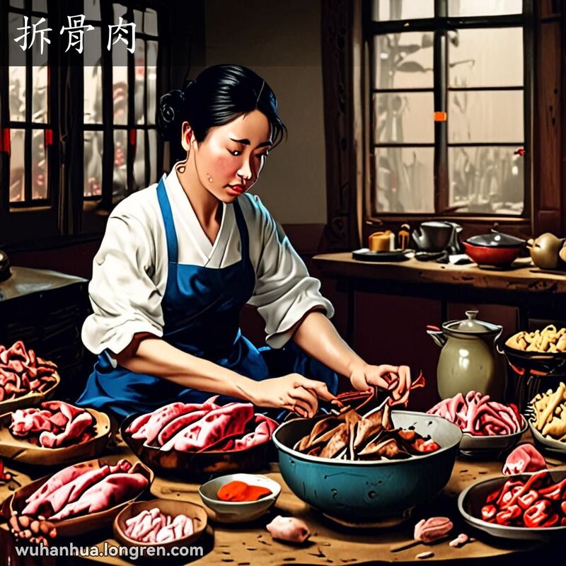 一位中年妇女在厨房用小刀从猪骨上剔下残附的肉，体现“拆骨肉”的含义