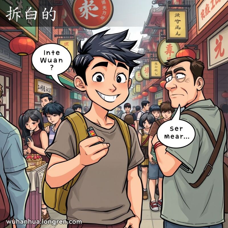 一位武汉年轻人在市场中手持廉价物品，试图说服旁人相信其价值，背景是武汉老街景