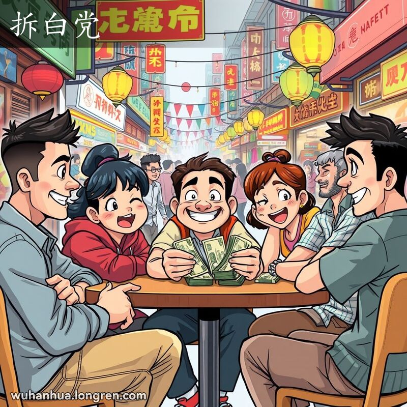 一群朋友在武汉街头市场，一个人得意地拿着一叠钱，其他人惊讶地看着他，背景是繁忙的市场摊位。