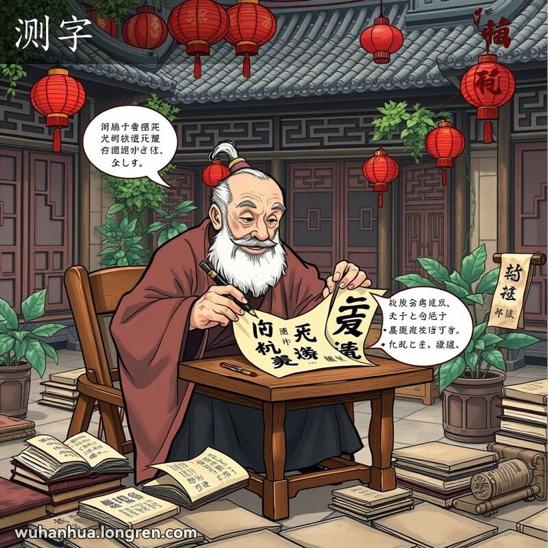 一位老者在庭院中手持毛笔，解说汉字的偏旁部首和笔画，周围有古书和卷轴，背景是传统中式建筑