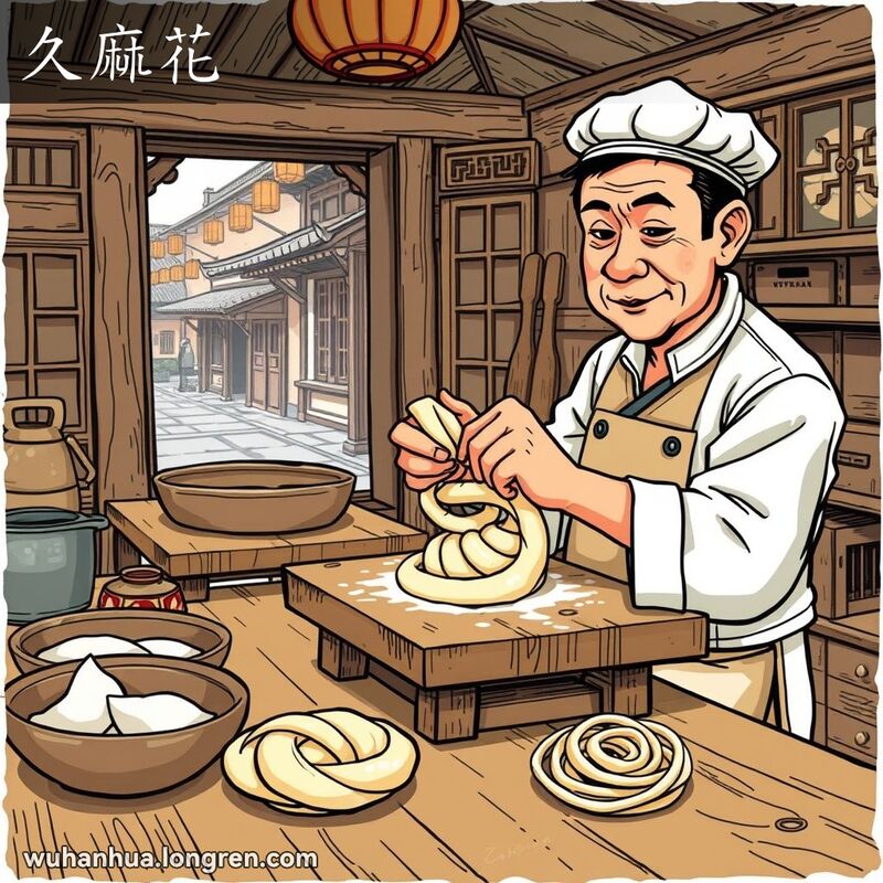 一位面点师在武汉传统厨房中揉面，制作麻花，背景是武汉老街景
