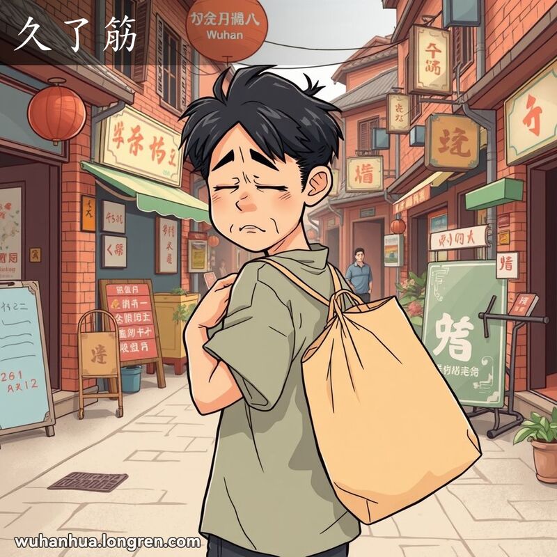 一位武汉市民提着沉重的购物袋，表情痛苦，一手扶着后背，背景是武汉老街景