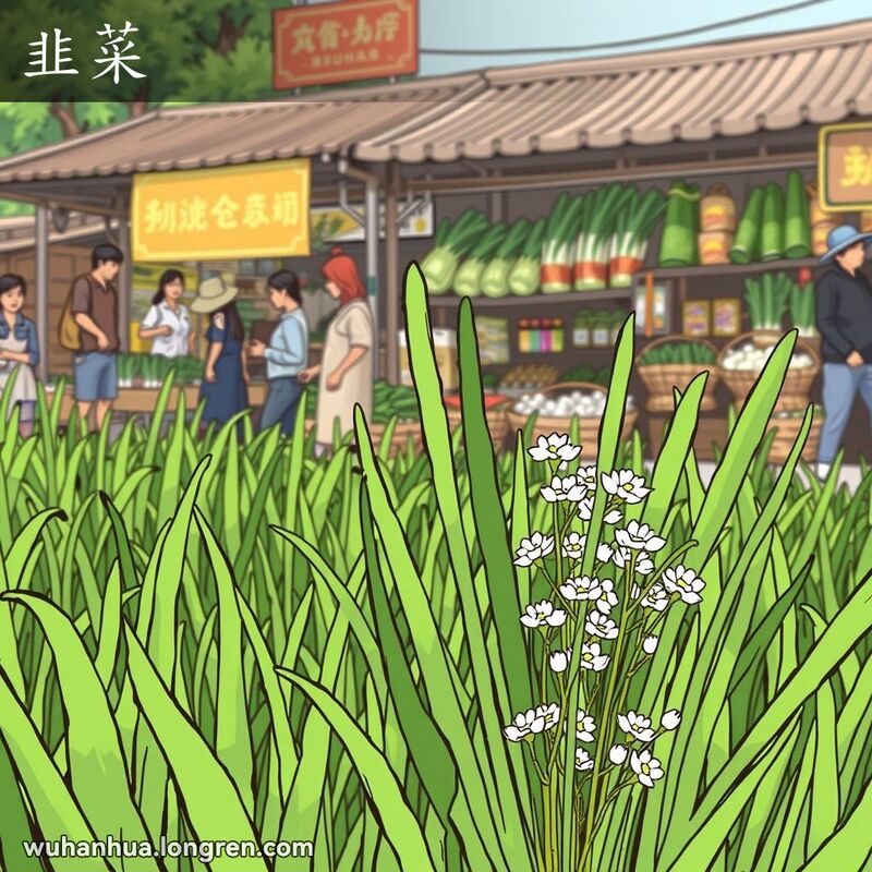 一片绿油油的田野，特写了一丛韭菜植物，背景是武汉市场，摊贩们在卖新鲜蔬菜，市场上人来人往。