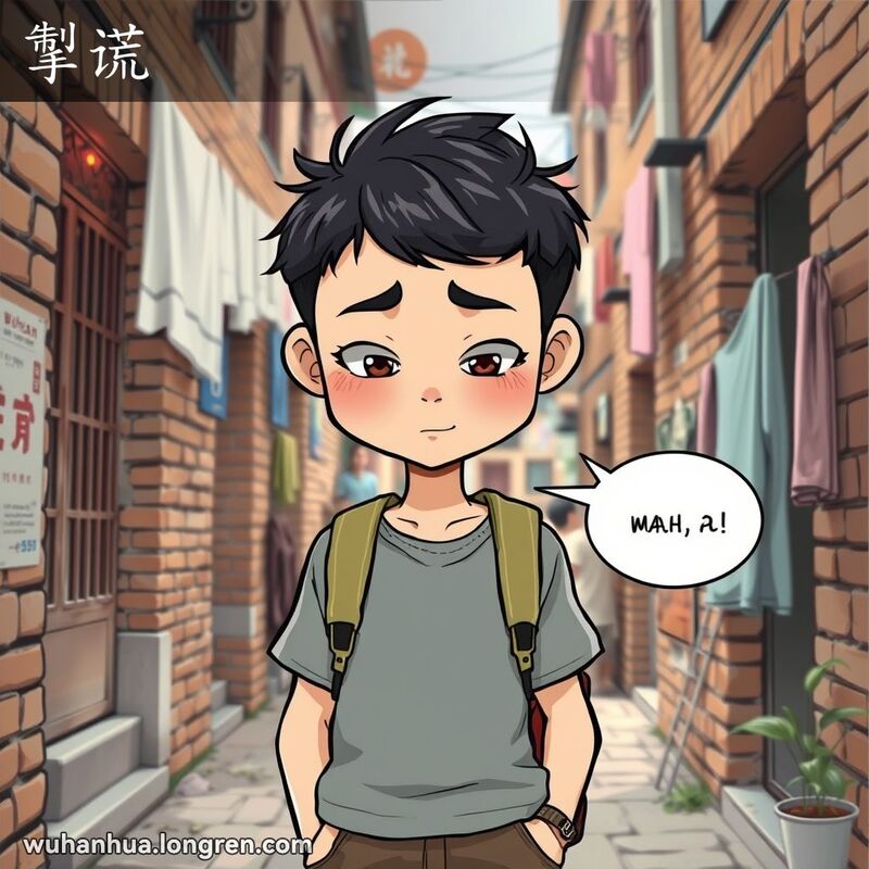 一位年轻的武汉市民在巷子里说谎，表情内疚，背景是老砖墙和晾晒的衣物