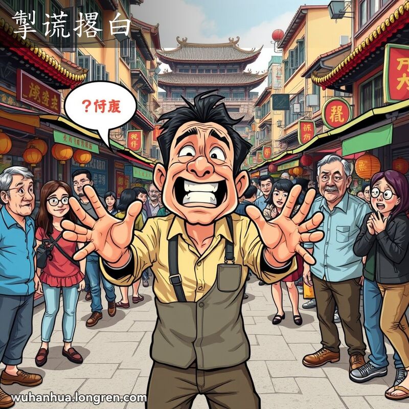 一个男人在武汉街头手舞足蹈地讲述编造的故事，周围人们露出怀疑的表情，背景是热闹的市场和老式建筑。