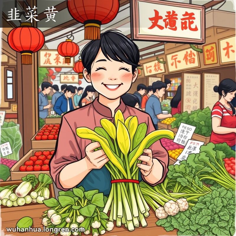武汉市场摊位上，摊主微笑着展示新鲜的浅黄色韭黄，背景是其他新鲜蔬菜和热闹的市场氛围