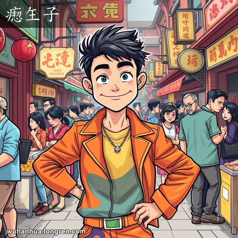 一位年轻男子在武汉市场中穿着鲜艳衣服，表情轻浮自大，背景是武汉传统街景
