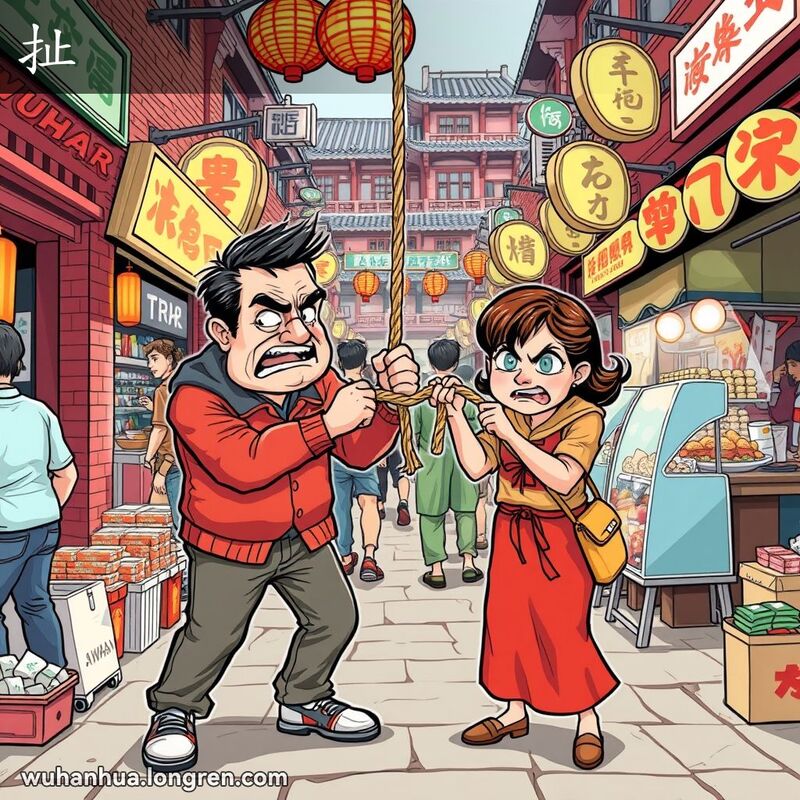 两个人在武汉街市上拉扯绳子，背景是红砖墙和小吃摊