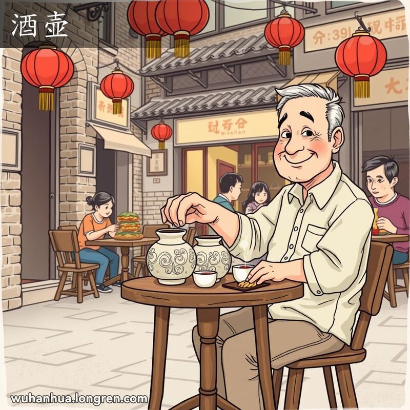 一位中年男子坐在武汉老街的小吃摊前，从酒壶中倒酒，背景是热闹的老街景