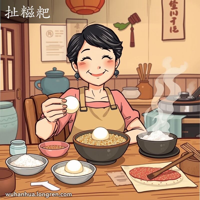 一位中年妇女在厨房里蘸糍粑，背景是温馨的中式厨房，桌上摆满食材和厨具。