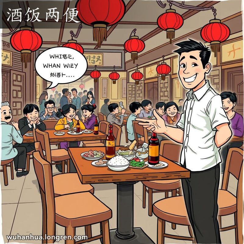 一位服务员在传统武汉餐馆内微笑邀请顾客享用酒和饭，背景是热闹的用餐场景