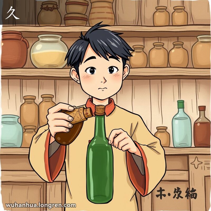 一位身穿传统中式服装的人在乡村厨房中用塞子塞瓶子，背景是温馨的老式厨房