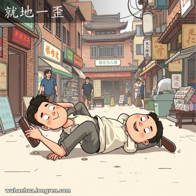 一位武汉男子在街头行走时绊倒，趁机夸张地倒在地上，背景是武汉老街景