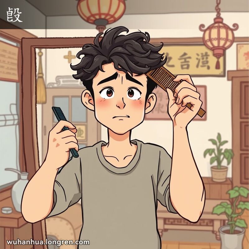 一位武汉年轻人站在镜子前，试图梳理弯曲不直的头发，表情显得挫败