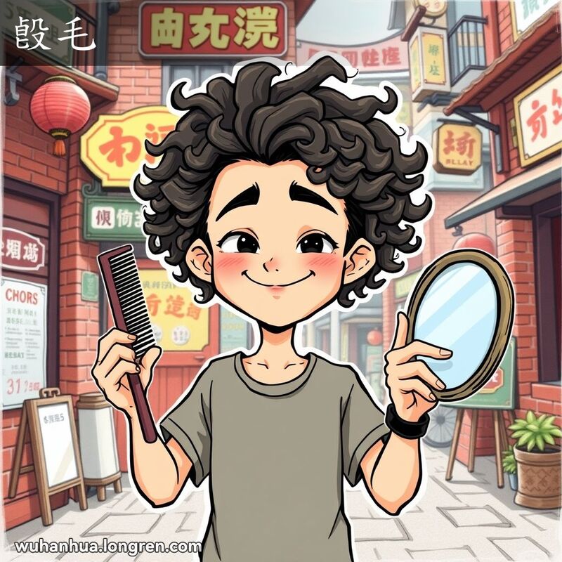 一位武汉年轻人站在街边，头发天生卷曲，手持梳子和镜子，带着顽皮的笑容，背景是武汉老街景
