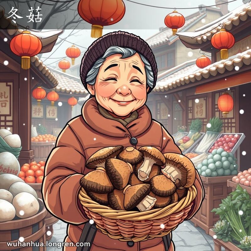 武汉冬季市场，老妇人手持一篮冬菇，背景是老街建筑和红灯笼