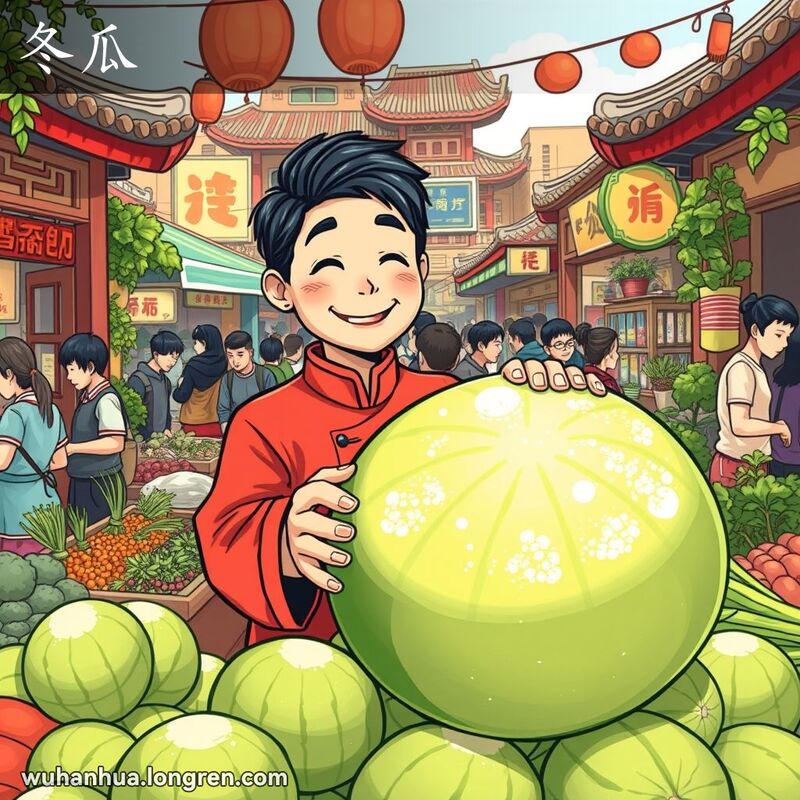 武汉露天市场，摊贩展示新鲜冬瓜，背景有其他草药摊位