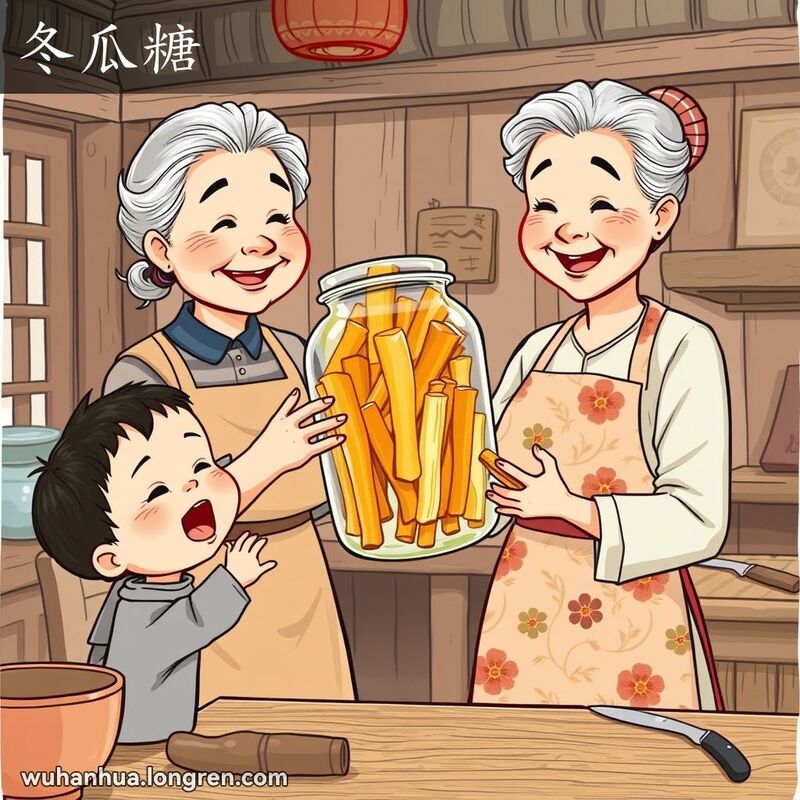 一位奶奶在武汉厨房里拿着一罐糖渍冬瓜瓤，递给一个兴奋的孩子，背景有木桌和切菜板。