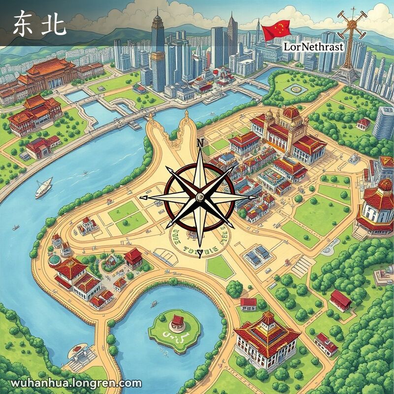 一张城市地图，指南针指向东北方向，周围有公园和城市天际线
