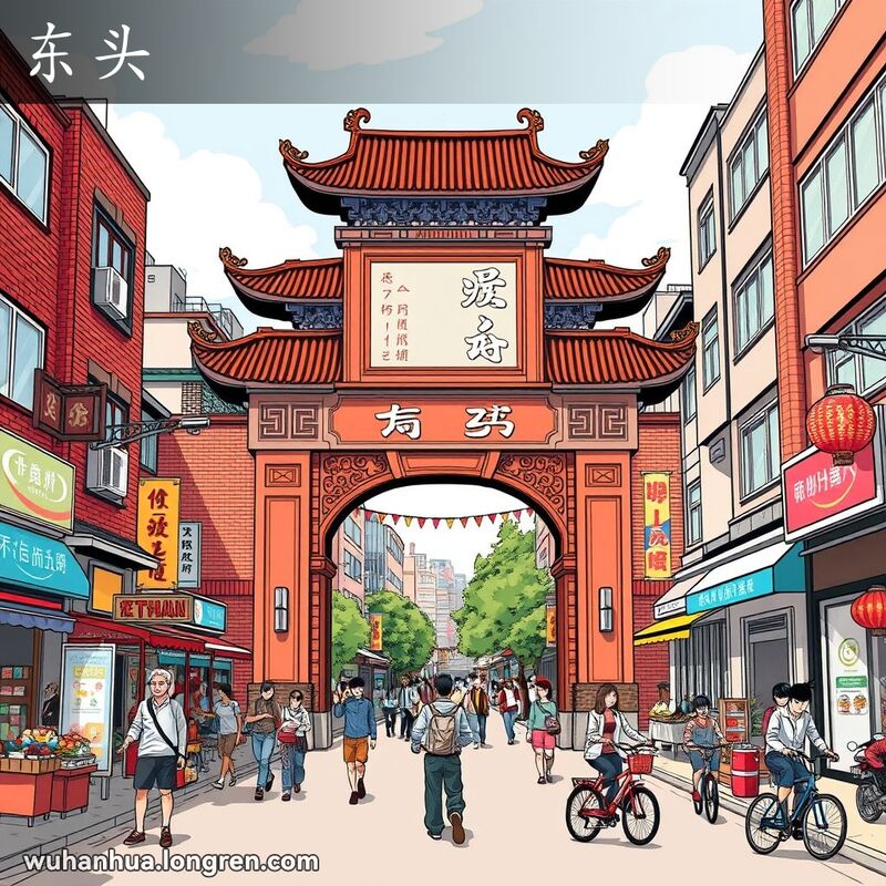 武汉街道东端的牌坊，周围是小摊贩和行人，背景是老旧和现代建筑的混合。