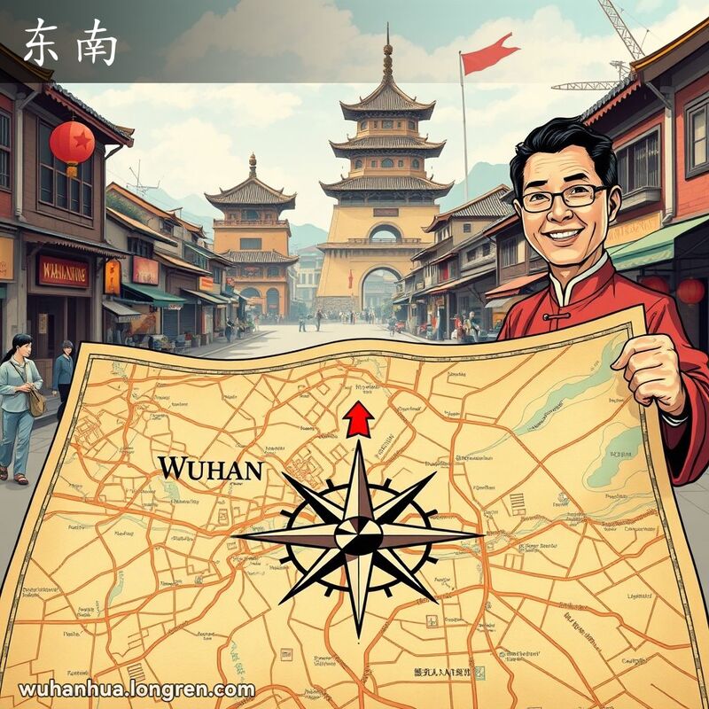 古老的武汉地图，指南针指向东南方向，背景是武汉的经典街景和黄鹤楼