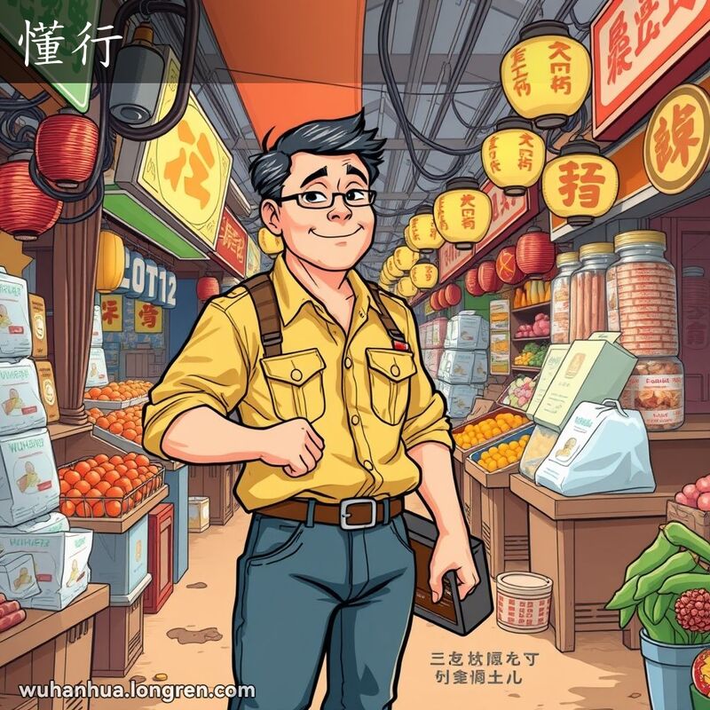一位中年武汉男子在市场中检查电线，展现“懂行”的专业表情，背景是繁忙的市场摊位