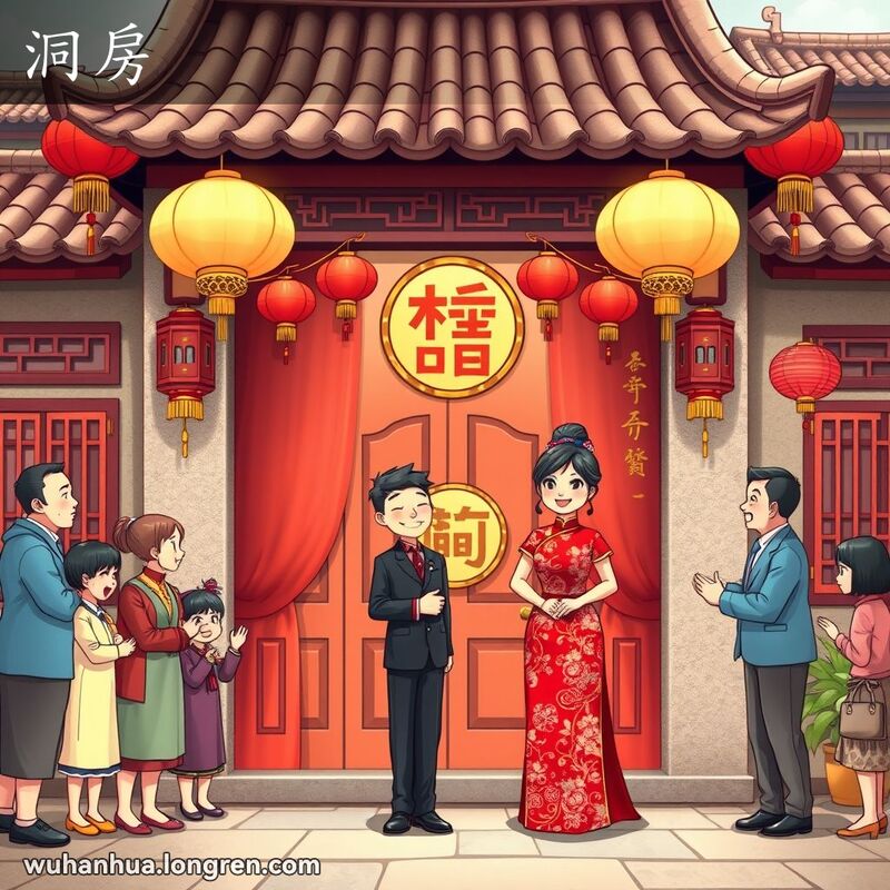 一对新婚夫妇站在装饰精美的洞房前，背景是武汉老街的传统建筑，周围亲朋好友在庆祝