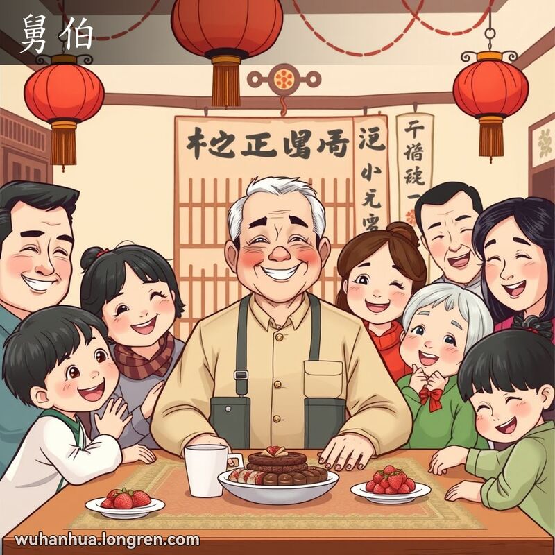 一个传统武汉家庭的聚会场景，主角是一位中年男子，周围是家庭成员，背景有红灯笼和书法挂轴