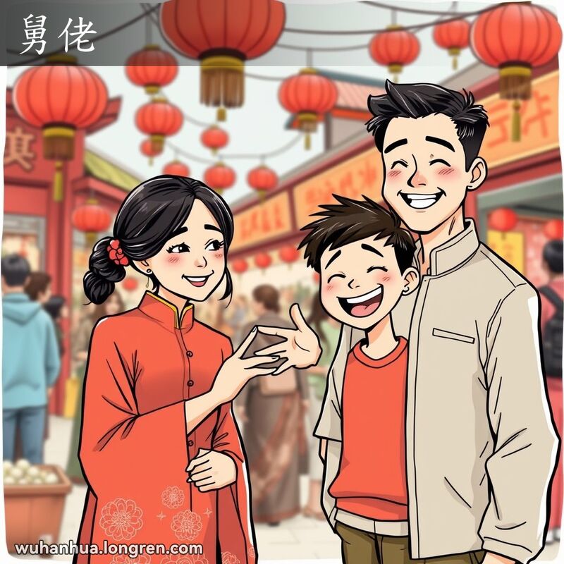 一位武汉女子和她的丈夫站在热闹的市场前，女子介绍她的弟弟，背景是红灯笼和传统市场