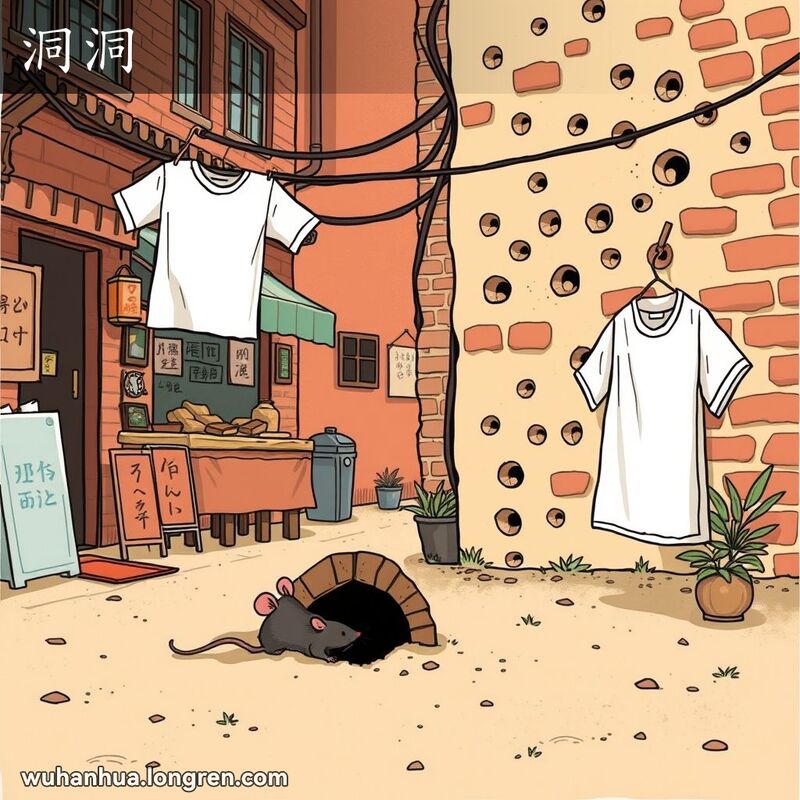 一只老鼠在武汉老街上挖洞，旁边的衣服上有几个小烧洞，背景中的墙壁上也有多个小洞，表现“洞洞”的含义。