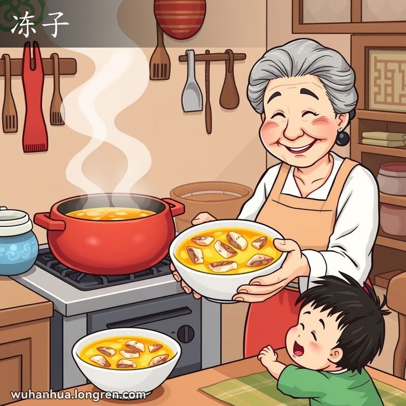 一个慈祥的老奶奶在厨房里端着一碗鱼肉冻子，准备给小孩品尝，背景是温馨的家庭厨房。