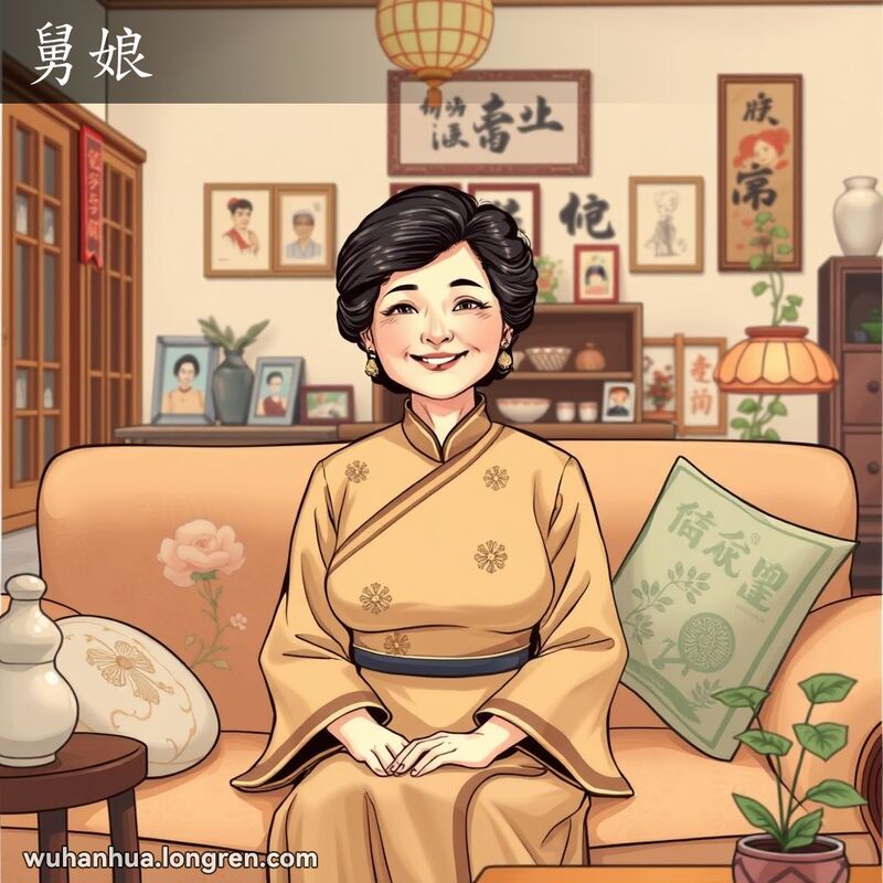 一位中年妇女坐在温馨的武汉传统家庭客厅里，穿着传统中国服装，面带微笑，背景有家庭照片和装饰，暗示着亲密的家庭关系。