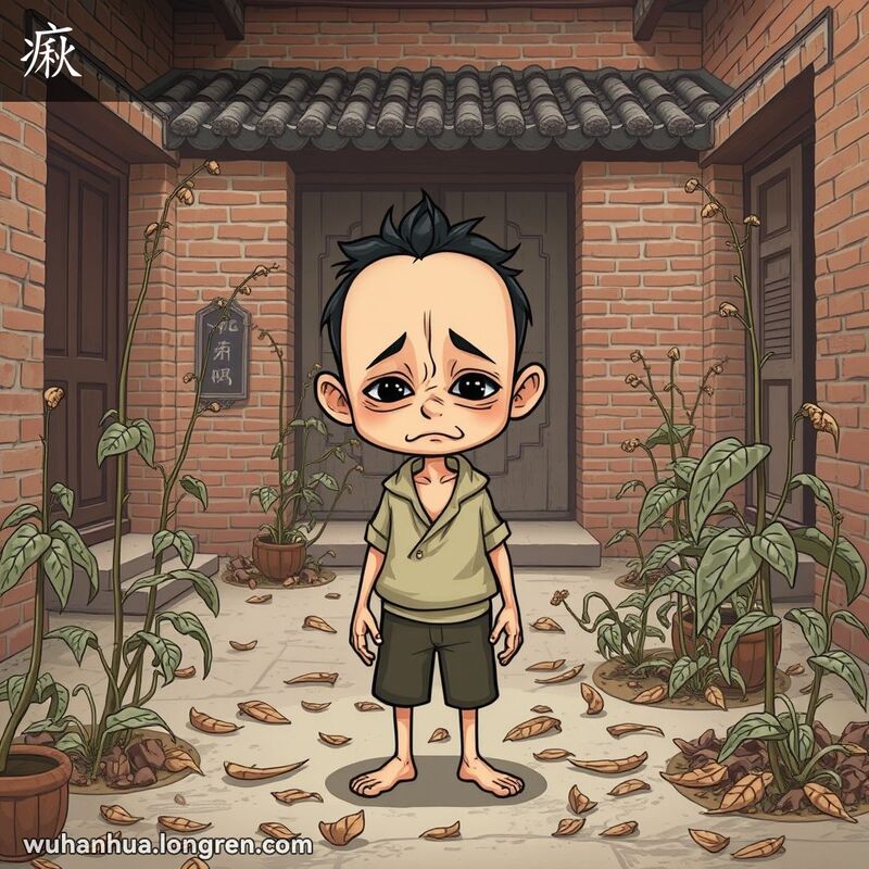 一位站在武汉传统庭院中的人，周围是枯萎的植物和干枯的树叶，人物看起来萎缩和憔悴，背景是老式建筑。