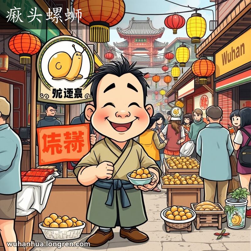一位矮小的武汉男子在市场街头手持螺蛳，背景是热闹的市场和传统建筑