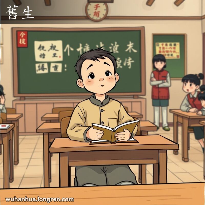一位穿着老式校服的老生坐在传统教室里，手持书本，专注听讲，背景有老师在黑板前讲课