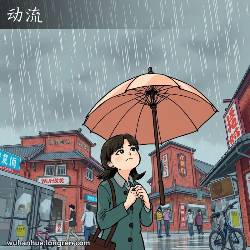武汉街道在大雨中，一位女士站在传统中式雨伞下，仰望天空，眉头微皱，背景是武汉老街景
