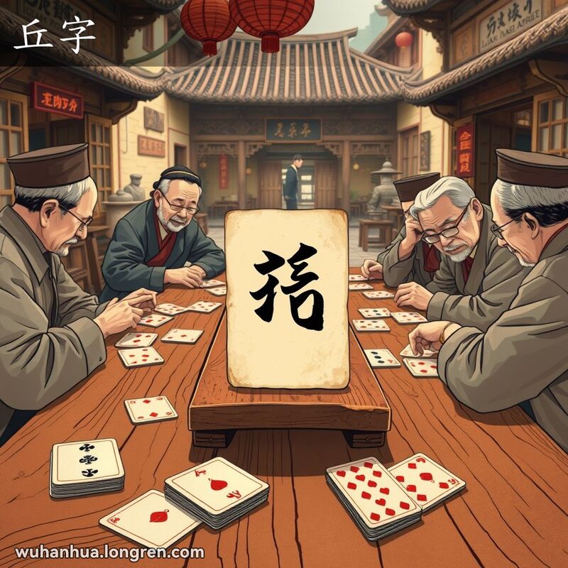 古老纸牌游戏场景，桌上有带“孔”字的纸牌，老年玩家围坐，背景是武汉老街景