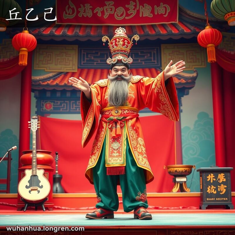 一位身穿汉剧服装的演员在舞台上扮演孔乙己，背景有中国传统乐器和古建筑