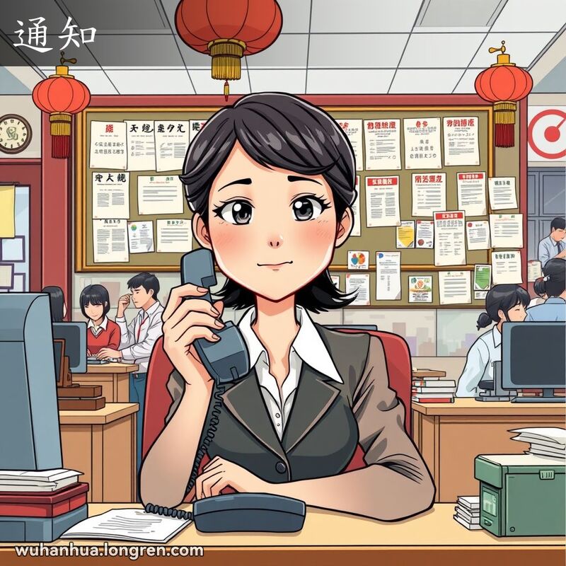 一位武汉办公室女职员坐在办公桌前，手持电话，神情严肃而亲切，背景是忙碌的办公环境，墙上贴满通知。