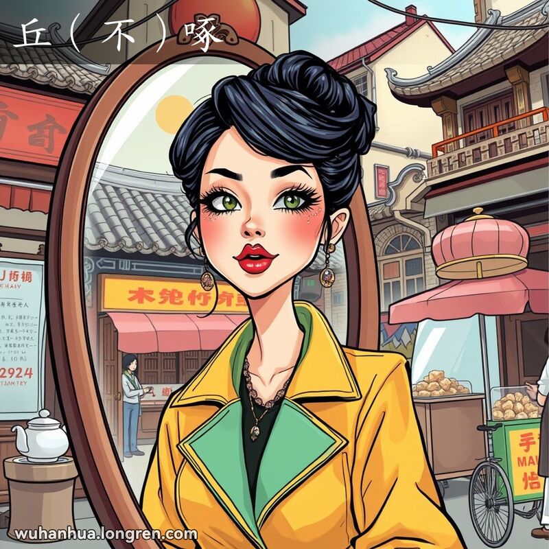 一位武汉年轻女子站在镜子前，欣赏自己精心打扮的妆容和时尚服饰，背景是武汉传统街景