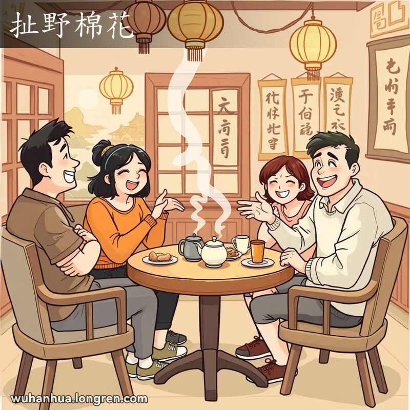 一群朋友在武汉茶馆里闲聊，背景有灯笼和书法卷轴