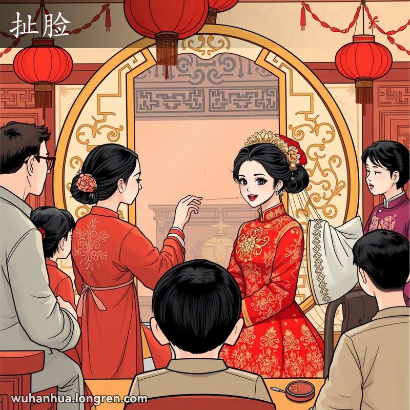 一位武汉新娘在婚礼中进行“扯脸”仪式，背景是传统的中国婚礼场景