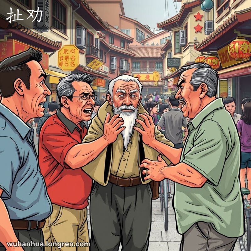 武汉街头两人争吵，长者介入劝解，背景是热闹的武汉街景