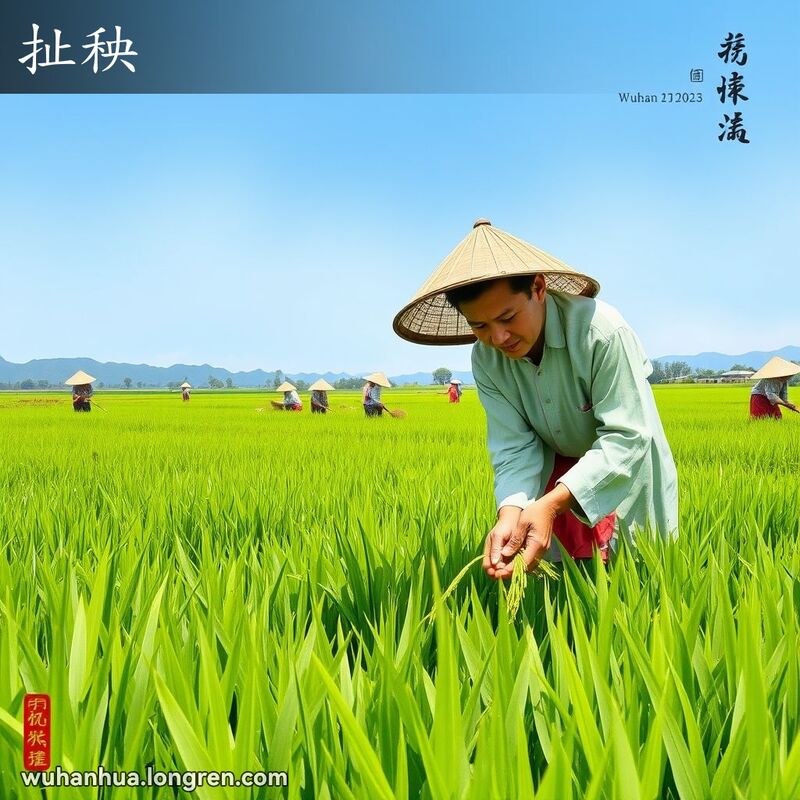 一位武汉农民在稻田中拔起稻秧，准备插到田里去，背景是绿油油的稻田和其他劳作的农民