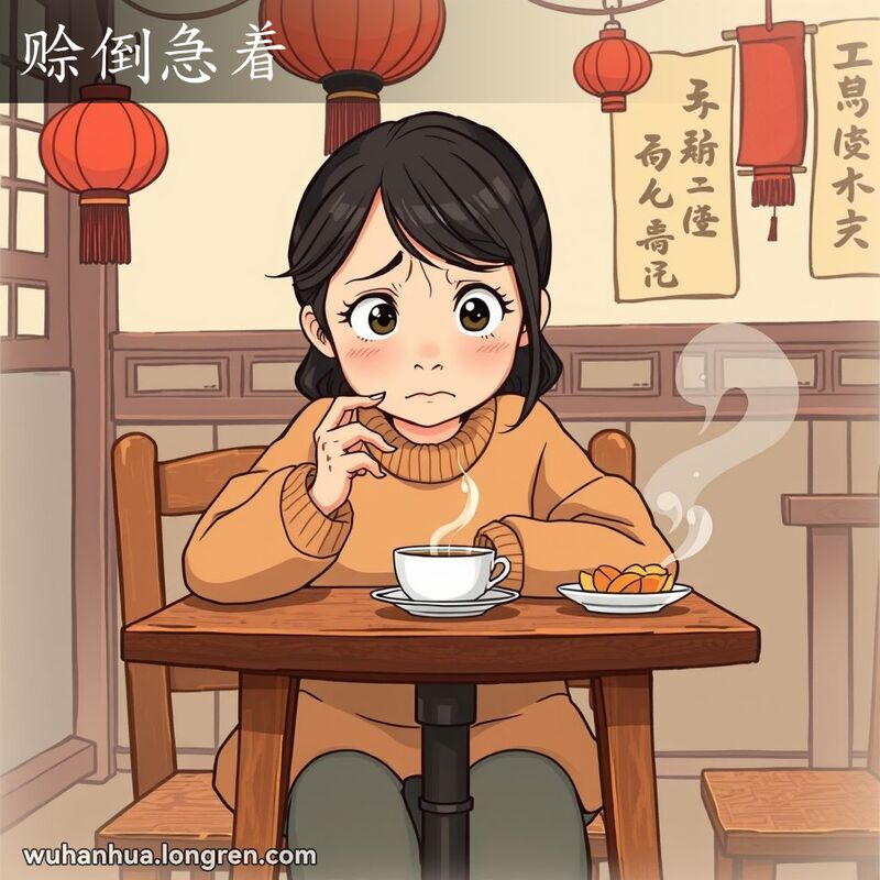 一位年轻的武汉女子坐在茶馆里，焦虑地咬着指甲，脸上露出“赊倒急着”的表情，背景是传统的中国装饰。
