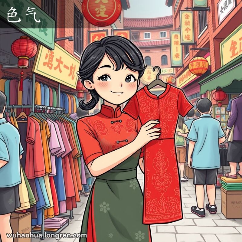 一位年轻女子在武汉市场的服装摊前，手持一件鲜艳的红色连衣裙，背景是充满活力的市场景象